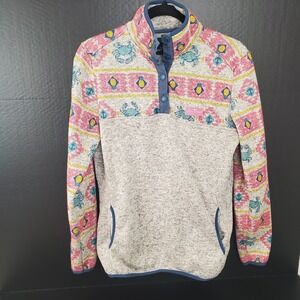 Simply Southern Womens Small Crab Gray Knit Pullover Quarter Snap Sweatshirt